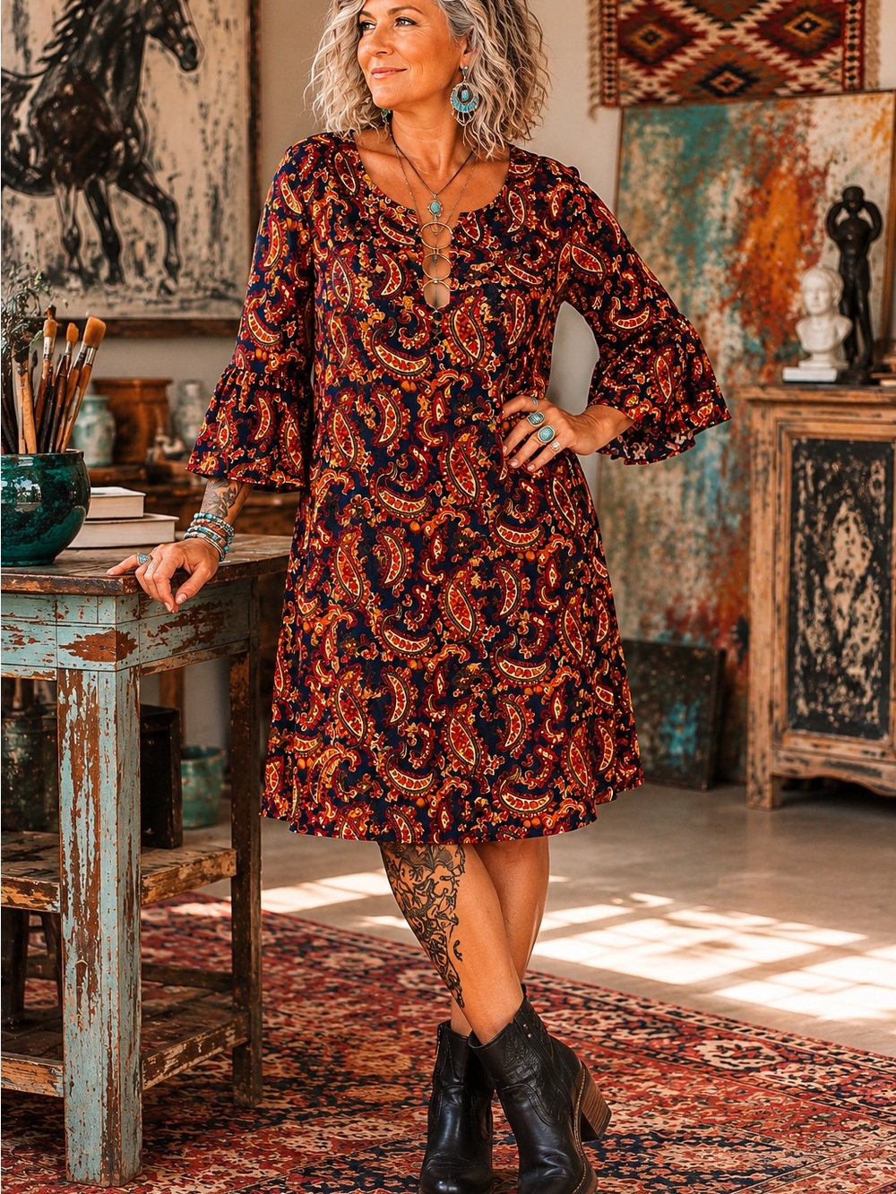 ✨ Plus Size Paisley Boho Bell Sleeve Shift Dress 3X Navy Rust ✨